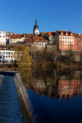 Obraz premium Sunny winter royal medieval Town Pisek with the Castle above the river Otava, Czech Republic 