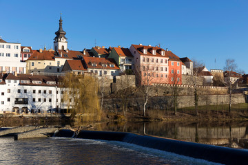 Obraz premium Sunny winter royal medieval Town Pisek with the Castle above the river Otava, Czech Republic 