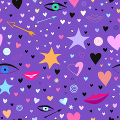 seamless pattern with stars, hearts, lips, arrows, eyes. colorful and festive. hand drawn naive, childish style background, vector