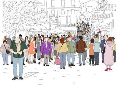 Hand drawn illustration. A crowd of people walk on a busy day in Monastiraki Square in Athens, Greece.