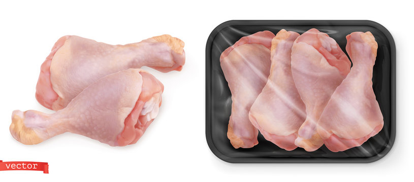 Chicken leg. Fresh meat in the package. Food 3d vector realistic