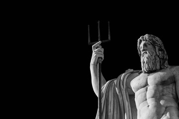 Neptune God of the Sea. Marble statue with trident erected in 1823 in People's Square in Rome (Black and White with copy space) © crisfotolux