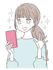 若い女性 ガーリー スマホ