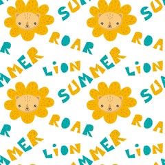 Hand drawn pattern of a cute lion with lettering.