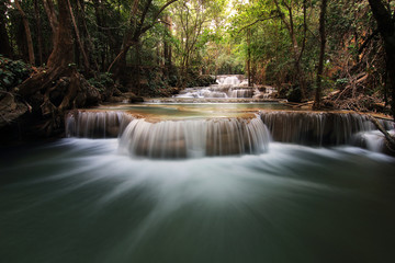 A beautiful view of Huay Mae khamin waterfall at Kanchanaburi province in Thailand. traveling and attractions concept