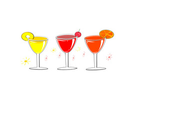 Wine glasses with rounded layouts, summer cocktails, fruit juices, watermelon, orange, pineapple, grapes, lime juice, splash, tropical fruit concept during Songkran Thai, vector illustration