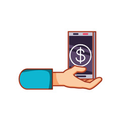 hand with smartphone device isolated icon