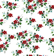 Bush of red flowers seamless pattern, watercolor