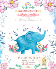 Happy birthday card with cute Elephant Watercolor animal. Cute baby greeting card. Boho flowers and floral bouquets Happy Birthday set. Watercolor greeting baby clip art on white background.
