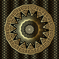Gold 3d greek vector mandala pattern. Ornamental geometric lace grid textured background. Greek key meanders round ornament with zigzag, radial lines, shapes, circles. Surface  ornate tribal design.