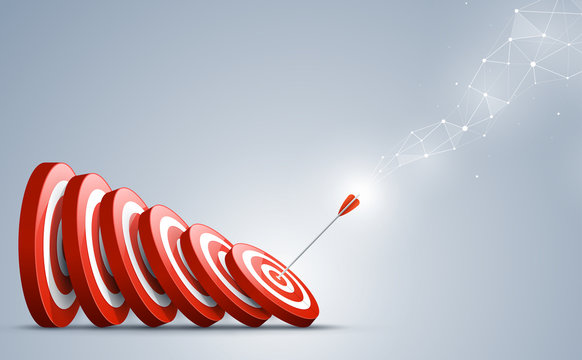 Target with arrow. Arrow hit a target like a falling dominoes. Concept of Domino effect. Vector illustration.