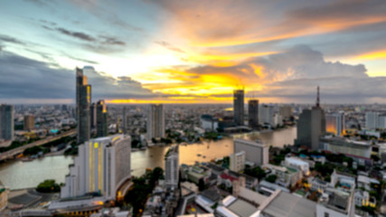 Naklejka na ściany i meble Night of the Metropolitan Beautiful sunset curve Chao Phraya River long exposure light Bangkok City downtown cityscape urban skyline Thailand - Cityscape Bangkok city Thailand