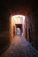 Fototapeta premium narrow alley with arch made from red brick in old town certaldo, Tuscany, Italy