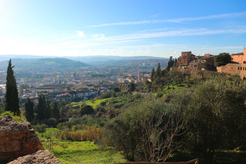 Fototapeta na wymiar Panoramic view to Certaldo old and new town under the blue winter sky, Tuscany, Italy