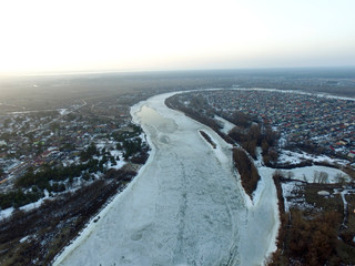 Aerial view of the countryside.Near river Desna.Winter time.Sunset. Near Kiev,Ukraine