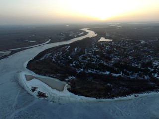 Aerial view of the countryside.Near river Desna.Winter time.Sunset. Near Kiev,Ukraine