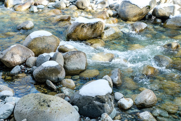 water rushing down rocky creek covered in snow on a sunny day