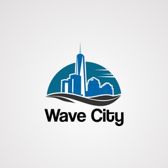 wave city logo vector with skyline on sun concept, element, icon, and template for company