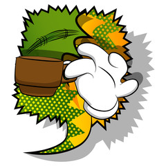 Vector cartoon hand holding a cup of coffee. Illustrated hand gesture on comic book background.