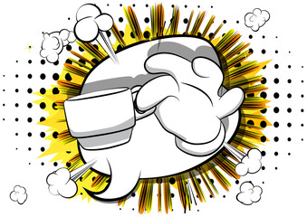 Vector cartoon hand holding a cup of coffee. Illustrated hand gesture on comic book background.