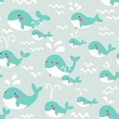 Cute seamless pattern with funny whales in pastel colors 