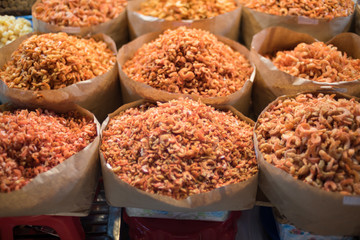 Dried shrimp variety on sale on Asian street market