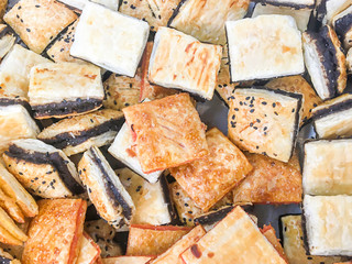 Freshly baked bread from whole wheat and grains in a supermarket.