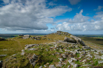Fototapeta na wymiar Rough Tor is a tor on Bodmin Moor, near St Breward, Cornwall, UK. The Summit is 1313 ft above mean sea level and therefore the second highest point in Cornwall.