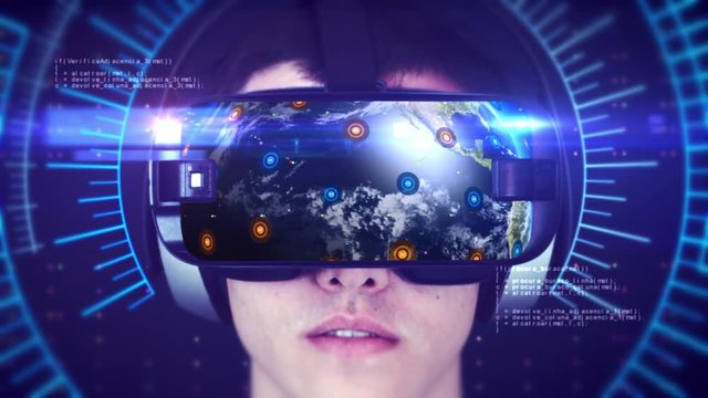 Young man wearing VR headset and experiencing 3D virtual reality. Technology related digital earth network concept. Seamless Loop.