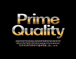 Naklejka na ściany i meble Vector logotype Prime Quality with Golden Alphabet Letters. Metallic reflective Font 