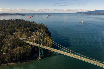 Aerial view of Lions Gate bridge and Stanley Park in Vancouver, Canada