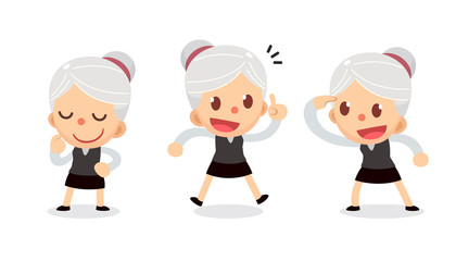 Set of tiny businesswoman character in actions. A woman with gray hair. Get Idea.