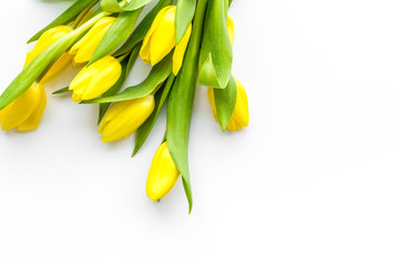 Spring composition. Delicate yellow tulips on white background top view space for text border
