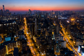 Fototapeta premium Top view of Hong Kong downtown city at night