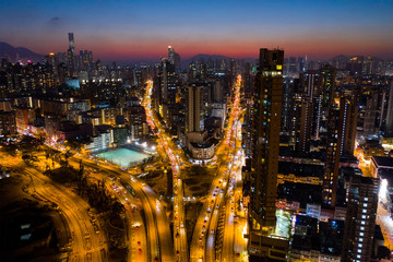 Fototapeta premium Top view of Hong Kong downtown city at night