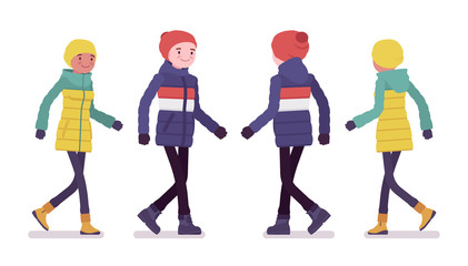 Obraz premium Young man and woman in down jacket walking, wearing soft warm winter clothes, classic snow boots, hat. Vector flat style cartoon illustration isolated on white background, front and rear view