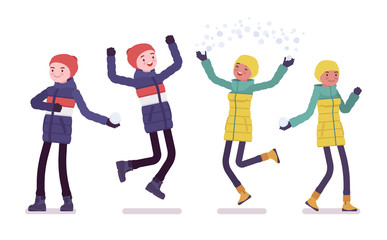 Young man and woman in down jacket in positive emotions, happy wearing soft warm winter clothes, classic snow boots and hat. Vector flat style cartoon illustration isolated on white background