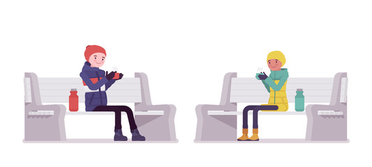 Young man and woman in a down jacket sitting on park bench with thermos, wearing soft warm winter clothes, snow boots and hat. Vector flat style cartoon illustration isolated on white background