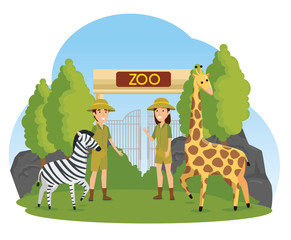 zebra and giraffe wild animals with safari people