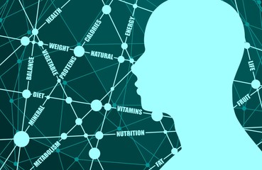 Tags cloud. Nutrition relative vector brochure, report or flyer design template. Scientific medical designs. Molecule And Communication Background. Connected lines with dots.