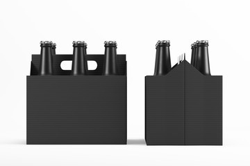 Matte glass black bottles in cardboard boxes on light background. Mock up. 3d rendering