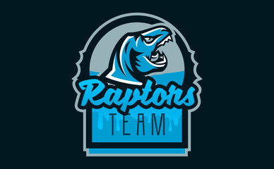 The emblem of an aggressive dinosaur, sharp teeth. Sports logo dino. Extinct predatory, Jurassic period. Vector illustration