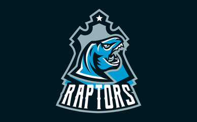 The emblem of an aggressive dinosaur, sharp teeth. Sports logo dino. Extinct predatory, Jurassic period. Vector illustration