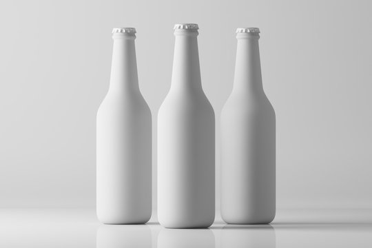 Three glass frosted white bottles standing in a row on a light background with reflection. Mock up. 3d rendering