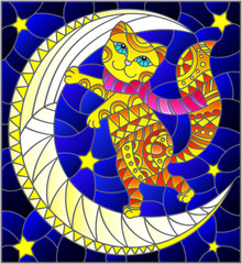Illustration in stained glass style with fabulous red kitten  on the moon on a starry sky background