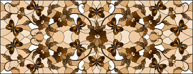 Illustration in stained glass style with abstract curly  flower and  butterfly on brown background , horizontal image,Sepia,monochrome