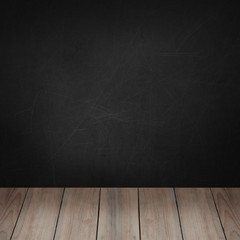Black chalkboard wall and wooden board floor background for advertising marketing and product placement