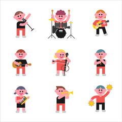 Set of cute little characters playing musical instruments. flat design style minimal vector illustration