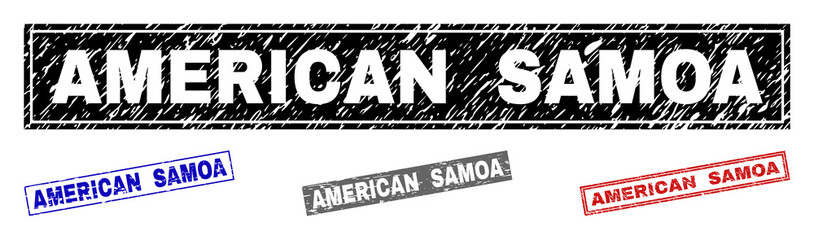 Grunge AMERICAN SAMOA rectangle stamp seals isolated on a white background. Rectangular seals with grunge texture in red, blue, black and gray colors.