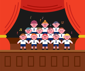 Fototapeta premium Cute choir children singing on stage. flat design style minimal vector illustration